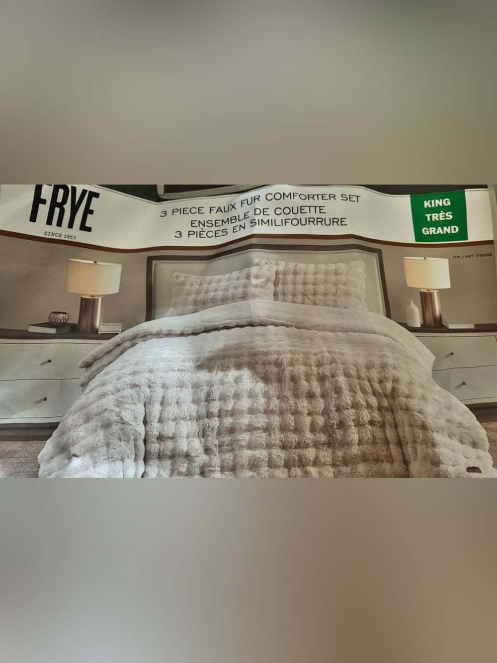 Frye comforter set KING Plush Faux Fur Comforter Set cream Pom Pom look RARE